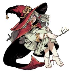  1girl barefoot belt_pouch bow bracelet cape dress full_body hair_bow hat highres jewelry long_hair looking_at_viewer mashimashi original pouch red_bow red_cape red_hat ring simple_background solo violet_eyes white_background white_dress white_hair witch witch_hat 