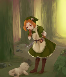  1girl apron bad_id bad_pixiv_id bell belt_pouch blonde_hair boots brown_boots brown_gloves closed_mouth creature curtained_hair dress farmer_(sekaiju) farmer_2_(sekaiju) forest full_body gloves green_dress green_headscarf headscarf highres holding holding_behind_back holding_machete holding_weapon_behind_back looking_down machete nature ookamonohashi_(sekaiju) orange_eyes outdoors plant pouch puffy_short_sleeves puffy_sleeves rock rokumutu6 scissors sekaiju_no_meikyuu sekaiju_no_meikyuu_3 short_sleeves smile standing sweatdrop tree white_apron 