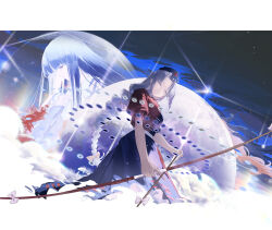  2girls absurdres arrow_(projectile) black_hair blue_dress blue_hat bow_(weapon) braid chinese_commentary closed_eyes closed_mouth commentary_request cross cross_print danmaku dress facing_viewer frilled_sleeves frills grey_hair hat highres holding holding_arrow holding_bow_(weapon) holding_weapon houraisan_kaguya indis long_hair long_sleeves moon multiple_girls nurse_cap print_hat red_cross red_dress shirt single_braid solo_focus touhou two-tone_dress very_long_hair weapon wide_sleeves yagokoro_eirin 