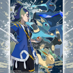  1boy absurdres adaman_(pokemon) aqua_hair artist_name bandaged_arm bandages black_sclera blue_hair blue_jacket brown_eyes brown_sclera closed_mouth colored_sclera commentary company_name copyright_notice dialga dialga_(origin) english_commentary fingernails from_side green_hair hand_in_pocket highres hisuian_poke_ball holding holding_poke_ball jacket leafeon male_focus medium_hair merchandise_available multicolored_hair official_style open_clothes open_jacket outline poke_ball pokemon pokemon_(creature) pokemon_legends:_arceus pokemon_team purple_sclera red_eyes smile split_mouth standing tom_higgins topknot umbreon vaporeon watermark white_eyes white_outline 