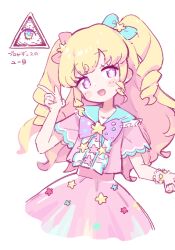  1girl :d blonde_hair blue_sailor_collar bow eye_of_providence hair_bow hand_up idol_time_pripara long_hair looking_at_viewer open_mouth pink_bow pink_shirt pink_skirt pretty_series pripara purple_bow ringlets sailor_collar shirt simple_background skirt smile solo standing star_(symbol) tekka_maki_(wafuu-bune) translation_request two_side_up violet_eyes white_background yumekawa_yui 