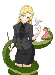  1girl absurdres bird bird_on_hand black_shirt black_skirt blonde_hair closed_mouth draco_malfoy draco_malfoy_(redteneri) earrings genderswap genderswap_(mtf) green_eyes green_nails harry_potter_(series) highres holding holding_wand hoop_earrings jewelry long_hair looking_at_viewer nail_polish ninja_dave school_uniform shirt skirt snake solo wand wizarding_world 