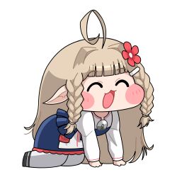  1girl absurdres ahoge all_fours alled_thundes black_shoes blue_dress blunt_bangs blush_stickers braid chibi closed_eyes commentary dress elf english_commentary flower flower_ornament hair_flower hair_ornament hairclip happy highres indie_virtual_youtuber kneeling long_sleeves lyydia_(sunako) open_mouth pinafore_dress pointy_ears red_flower shirt shoes side_braids simple_background sleeveless sleeveless_dress smile solo thigh-highs tongue virtual_youtuber white_background white_shirt white_thighhighs 