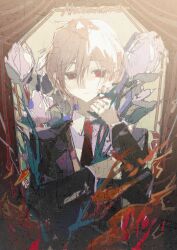  1boy abstract blonde_hair character_name coffin collared_shirt commentary_request expressionless fire flower highres holding holding_flower hugging_object looking_to_the_side male_focus natsume_souichirou necktie overlighting red_eyes red_necktie school_uniform sekai_metsubou_kyouyuu_gensou_mamiya shirt short_hair solo tulip wframe white_flower white_shirt 