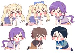  2boys 2girls absurdres all_fours black_hair black_shirt black_shoes blonde_hair blue_bow blue_dress blue_jacket blush_stickers bow brown_hair chibi chibi_only collared_shirt commentary_request dress full_body furrowed_brow glasses hair_between_eyes hair_bow hair_intakes hair_ornament highres jacket kanou_tenzen long_hair looking_ahead low_ponytail mary_janes meme mizuori_shizuku monndarian multiple_boys multiple_girls open_clothes open_mouth open_shirt ponytail puffy_short_sleeves puffy_sleeves purple_hair sandals semi-rimless_eyewear shirt shoes short_hair short_sleeves sidelocks simple_background socks speakiposting_(meme) summer_pockets swept_bangs takahara_hairi tearing_up track_jacket transparent_background tsumugi_wenders twintails very_long_hair wavy_eyes white_bow white_shirt white_socks x_hair_ornament |_| 