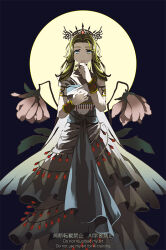  1girl armlet black_tiara blonde_hair blue_background blue_eyes blue_sash bracelet commentary_request dragon_quest dragon_quest_x dress flower flower_request full_body full_moon gem goddess_zenesia gold_armlet gold_bracelet jewelry looking_at_viewer moon open_mouth parted_hair pink_flower red_gem sash smile solo spica5577 tiara white_dress wilted_flower 