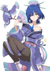  1girl alternate_costume asymmetrical_hair bare_shoulders bird black_pantyhose blue_butterfly blue_hair blue_kimono bocchi_the_rock! bug butterfly butterfly_ornament commentary_request crossover earrings floating full_body hair_between_eyes hair_ornament hair_stick hanafuda_earrings hand_fan highres holding holding_fan japanese_clothes jewelry kanaria_hisagi kimono knees_up looking_at_viewer multicolored_kimono obi okobo oricorio oricorio_(sensu) pantyhose pink_sandals platform_sandals pokemon pokemon_(creature) sandals sash signature simple_background socks socks_over_pantyhose tabi thigh_strap white_background white_socks yamada_ryo yellow_eyes 