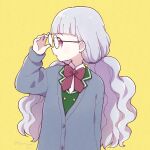  1girl adjusting_eyewear blunt_bangs bow cardigan collared_shirt glasses green_jacket grey_cardigan grey_hair hand_up idol_time_pripara jacket koda_michiru long_hair long_sleeves looking_at_viewer low_twintails open_mouth pretty_series pripara profile red_bow red_eyes round_eyewear school_uniform shirt simple_background solo terayamaden twintails upper_body wavy_hair white_shirt yellow_background 