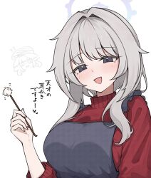  1girl anna_(blue_archive) apron black_apron blue_archive blue_eyes breasts commentary_request dithering drop_ame_ame grey_hair halo heart heart_in_eye holding koharu_(blue_archive) large_breasts looking_at_viewer mimikaki open_mouth projected_inset purple_halo red_sweater simple_background smile solo sweater symbol_in_eye translation_request upper_body white_background 