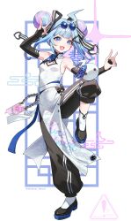  1girl :d ahoge alternate_costume black_gloves black_pants black_shoes blue-tinted_eyewear blue_eyes blue_hair breasts chain chinese_clothes cleavage_cutout clothing_cutout commentary_request double_bun dress egasumi elbow_gloves eyewear_on_head fang fingerless_gloves floral_print fox_shadow_puppet full_body gloves hair_bun hair_ribbon highres hololive hololive_dev_is lightning_ahoge looking_at_viewer mizumiya_su multicolored_hair nail_polish pants pelvic_curtain pink_streaks purple_nails qipao rekio_(mizumiya_su) ribbon round_eyewear shana_deco shoes sign simple_background skin_fang sleeveless sleeveless_dress small_breasts smile socks solo standing standing_on_one_leg streaked_hair sunglasses tinted_eyewear track_pants twitter_username virtual_youtuber warning_sign white_background white_dress white_socks 