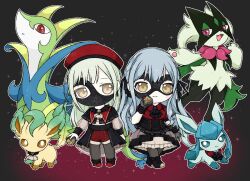  2girls apple_rainy ascot bang_dream! bang_dream!_it's_mygo!!!!! beret black_ascot black_corset black_mask black_ribbon black_skirt blue_hair chibi closed_mouth commentary_request corset crossover glaceon green_hair grey_pantyhose hair_ribbon hat highres holding holding_poke_ball leafeon long_hair looking_at_viewer luxury_ball mask masquerade_mask meowscarada mortis_(bang_dream!) mortis_(costume)_(bang_dream!) multiple_girls oblivionis_(bang_dream!) overskirt pantyhose poke_ball pokemon pokemon_(creature) red_hat red_shirt red_shorts ribbon serperior shirt shorts skirt smile standing togawa_sakiko two_side_up wakaba_mutsumi 