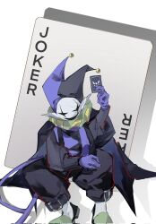  1boy arm_up cape card corrupted_twitter_file deltarune glowing glowing_eye hat highres jester jester_cap jevil joker_(playing_card) open_mouth playing_card simple_background smile solo tail utdr_(toby_fox) ye_aliga 