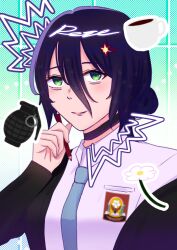  1girl black_choker black_jacket blue_necktie chainsaw_man choker coffe collared_shirt explosive flower green_eyes grenade hair_between_eyes hair_bun highres jacket lips long_sleeves necktie pen purple_hair reze_(chainsaw_man) shirt siaaa31 sidelocks smile white_shirt 