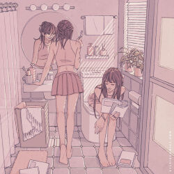  2girls arm_at_side bare_arms barefoot bathroom book bracelet closed_eyes closed_mouth coffee_mug commentary_request crop_top cup curtains dated_commentary eyelashes glasses hand_up highres holding holding_book holding_tooth holding_toothbrush indoors jewelry laundry_basket leaning_forward light_bulb limited_palette long_hair looking_at_another looking_to_the_side maybe_kizuna midriff miniskirt mirror mug multiple_bracelets multiple_girls multiple_rings navel on_toilet open_book original parted_lips pink_theme plant pleated_skirt potted_plant reflection ring shadow shelf shirt sink sitting skirt sleeveless sleeveless_shirt slice_of_life smile standing stitched_neck stitches straight_hair tile_floor tile_wall tiles toothbrush towel window window_blinds 