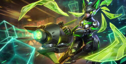  1girl absurdres black_suit commentary_request energy_cannon expressionless geometric_solid glowing green_eyes highres honor_of_kings lady_sun_(honor_of_kings) legs_together looking_at_viewer mecha mecha_focus official_art official_wallpaper robot solo suit tagme 