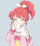  1girl baozi collared_shirt commentary_request eating food food-themed_hair_ornament grey_background hair_ornament hands_up holding holding_food jacket long_hair long_sleeves neckerchief orange_hair_ornament paprika_private_academy_school_uniform pink_jacket pink_neckerchief ponytail pretty_series pripara redhead sailor_collar school_uniform shiratama_mikan shirt solo terayamaden upper_body white_sailor_collar white_shirt wing_hair_ornament yellow_eyes 