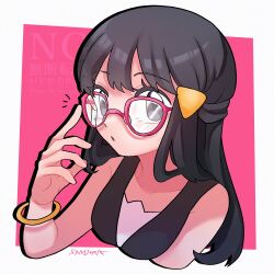  1girl black_hair black_shirt border commentary grey_eyes hair_ornament hairclip highres hikari_(pokemon) long_hair looking_at_viewer pink-framed_eyewear pink_background pokemon pokemon_diamond/pearl/platinum sandora_(karugamo_no_e) shirt simple_background solo untranslatable_commentary upper_body white_border 