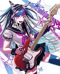  1girl a9un1 black_hair black_nails commentary_request cowboy_shot danganronpa_(series) danganronpa_2:_goodbye_despair ear_piercing electric_guitar guitar highres instrument long_hair looking_at_viewer mioda_ibuki multicolored_thighhighs open_mouth piercing playing_guitar playing_instrument school_uniform serafuku short_sleeves solo star_(symbol) thigh-highs violet_eyes white_background white_serafuku 