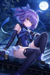  1girl absurdres ahoge bamboo bell blonde_hair boots bow bowtie bracelet breasts commentary_request covered_navel dango_remi elbow_gloves from_side full_body full_moon gloves hair_between_eyes hair_ornament highres jewelry leotard looking_at_viewer moon navel ninja original shiny_skin short_hair sitting small_breasts solo thigh-highs 