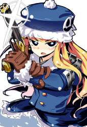  1girl armor blonde_hair blue_coat blue_eyes brown_gloves buttons character_hat_ornament coat commentary_request fur-trimmed_coat fur-trimmed_headwear fur_trim gloves gun gunner_(sekaiju) gunner_2_(sekaiju) holding holding_gun holding_weapon jack_frost_(megami_tensei) looking_at_viewer open_mouth osasimi_(overloadetna) pom_pom_(clothes) sekaiju_no_meikyuu sekaiju_no_meikyuu_2 solo v-shaped_eyebrows weapon white_background 