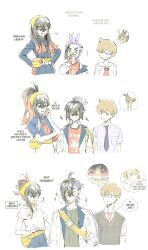  1girl 2boys :d absurdres aged_up arven_(pokemon) bag belt bin_aham blue_jacket brown_hair carmine_(pokemon) closed_eyes collared_shirt commentary_request fanny_pack florian_(pokemon) furret gloves hairband highres holding jacket kieran_(pokemon) korean_commentary loose_hair_strand multiple_boys necktie off_shoulder open_mouth pokemon pokemon_scarlet_and_violet purple_hair red_necktie red_shirt sentret shirt sleeveless sleeveless_shirt smile sparkle white_jacket white_shirt yellow_bag yellow_eyes yellow_hairband 