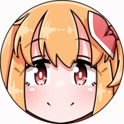  1girl animated animated_gif blinking blonde_hair border bow close-up closed_mouth commentary_request hair_bow looking_at_viewer looping_animation lowres red_bow red_eyes roco_(katsuya1011) round_border rumia simple_background smile solo split_mouth touhou white_background 
