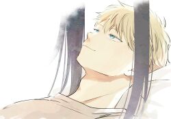  1boy 1girl black_hair blonde_hair blue_eyes closed_mouth commentary_request highres lying moduk2222 on_back out_of_frame shirt short_hair sidelocks smile solo_focus spy_x_family t-shirt twilight_(spy_x_family) white_background white_shirt yor_briar 