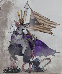  2boys 6+others acratopotess animal_ears artist_name beak candle cape claws commentary cross_scar crown deadlock_(game) digitigrade english_commentary fangs flag furry furry_male hat highres male_focus mouse_(animal) mouse_boy mouse_ears mouse_tail multiple_boys multiple_others nightcap notched_ear open_mouth pajamas pawpads profile purple_cape rat_king_(deadlock) rem_(deadlock) remling's_(deadlock) scar scar_on_arm scar_on_face scar_on_nose scar_on_thigh sitting smile tail torn_cape torn_clothes torn_flag x_navel 