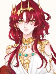  1girl absurdres blue_gem chain chinese_commentary closed_mouth clothing_cutout commentary_request expressionless gem gold_chain gold_choker gold_necklace gold_tiara hedone_(reverse:1999) highres jewelry long_hair looking_at_viewer necklace off-shoulder_shirt off_shoulder pearl pearl_hair_ornament plunging_neckline red_hair reverse:1999 shirt shoulder_cutout simple_background solo tiara upper_body yellow_eyes 