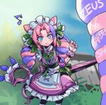  1girl alternate_color alternate_hair_color blurry blurry_background blush bow bowtie cafe_cuties_gwen collared_dress cone_hair_bun dress drill_hair feet_out_of_frame frilled_dress frills gem grass green_bow green_bowtie green_eyes gwen_(league_of_legends) hair_bun hand_up holding league_of_legends long_hair maid_headdress musical_note oversized_object parted_bangs phantom_ix_row pink_dress scissors smile solo twin_drills twintails wrist_cuffs 