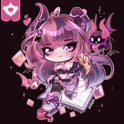  1girl absurdres achiiri ahoge broken_horn chibi cyborg demon_girl demon_horns diamond-shaped_pupils diamond_(shape) extra_mouth extra_tongue food heart heart_ahoge highres horns indie_virtual_youtuber ironmouse ironmouse_outfit_art_contest looking_at_viewer mechanical_arms mechanical_horns mechanical_legs mole mole_under_eye multicolored_hair pale_skin pink_eyes pink_hair pizza pizza_slice purple_hair single_mechanical_arm single_mechanical_leg solo streaked_hair symbol-shaped_pupils virtual_youtuber 