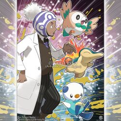  1boy :o absurdres artist_name black_bow black_bowtie black_pants bow bowtie brown_vest closed_eyes closed_mouth coat collared_shirt commentary company_name copyright_notice cyndaquil dark-skinned_male dark_skin english_commentary facial_hair fire from_side hat highres hisuian_poke_ball lab_coat long_sleeves male_focus merchandise_available official_style open_clothes open_coat open_mouth oshawott outline pants poke_ball pokemon pokemon_(creature) pokemon_legends:_arceus professor_laventon purple_hat rowlet shirt smile starter_pokemon_trio striped_clothes striped_pants tom_higgins vertical-striped_clothes vertical-striped_pants vest watermark white_coat white_outline 