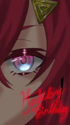  1girl ange_katrina blue_eyes close-up commentary_request dated english_text eye_focus gradient_eyes hair_ornament hairclip happy_birthday highres long_bangs looking_at_viewer multicolored_eyes nijisanji noformcat red_hair solo triangle_hair_ornament violet_eyes virtual_youtuber 