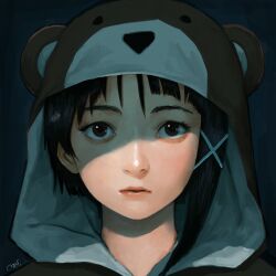  1girl absurdres aegyo_sal animal_ears animal_hood bear_ears bear_hood black_hair brown_eyes close-up commentary expressionless fake_animal_ears hair_ornament highres hood iwakura_lain lips portrait serial_experiments_lain short_hair_with_long_locks signature solo straight-on x_hair_ornament yukisita_mayu 