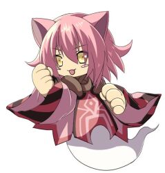  1girl animal_ears animal_hands blush_stickers brown_collar cat_ears cat_girl collar commentary_request emil_chronicle_online flipped_hair ghost_girl ghost_tail gloves lizrin medium_hair nekomata_momo open_mouth paw_gloves pink_hair pink_shirt shirt solo white_background wide_sleeves yellow_eyes 