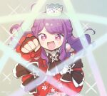  1girl :d arm_up black_bow blush bow clenched_hand commentary_request crown dress foreshortening from_above grey_background hanazono_mia idol_clothes idol_time_pripara long_hair looking_at_viewer open_mouth pretty_series pripara purple_hair red_dress smile solo sparkle star_(symbol) star_in_eye symbol_in_eye terayamaden violet_eyes 