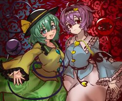  2girls :d agaboidesudesu ahoge black_hairband black_hat blouse blue_shirt blush bow bright_pupils buttons closed_mouth commentary_request cowboy_shot diamond_button disembodied_linked_eye eyeball floral_background floral_print frilled_shirt_collar frilled_sleeves frills frown green_eyes green_hair green_skirt hair_between_eyes hair_ornament hairband hat hat_bow hat_ribbon heart heart_button heart_hair_ornament heart_of_string komeiji_koishi komeiji_satori long_sleeves looking_at_viewer medium_hair multiple_girls open_hand open_mouth pink_hair pink_skirt red_background red_eyes ribbon ribbon-trimmed_collar ribbon_trim rose_background rose_print shirt short_hair siblings sisters skirt smile split_mouth standing touhou wide_sleeves yellow_bow yellow_ribbon yellow_shirt 