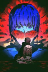  2girls abstract alternate_eye_color alternate_hair_color amakura_mayu amakura_mio black_camisole blue_eyes blue_hair blunt_bangs brown_hair bug butterfly butterfly_on_mouth camisole close-up cool_colors covered_mouth dark facing_away fatal_frame fatal_frame_ii:_crimson_butterfly frilled_sleeves frills highres loafers looking_at_another looking_down medium_hair multiple_girls off-shoulder_shirt off_shoulder red_background red_butterfly shadow shirt shoes short_hair siblings sisters sitting skirt the_silence_of_the_lambs twins wariza yumi_xsh 