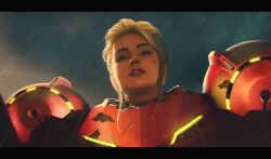  1girl armor blonde_hair blue_eyes bodysuit commentary english_commentary glowing_armor hair_slicked_back highres lem lipstick makeup metroid multicolored_armor power_armor power_suit_(metroid) red_lips samus_aran science_fiction solo upper_body 