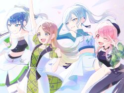  4girls :d ;d again_and_again_ambition!_(project_sekai) aqua_shirt arm_up beret black_hat black_pants black_shorts black_tube_top blue_eyes blue_hair blush breasts brown_hair center_frills choker closed_mouth clothing_cutout coat commentary_request cropped_shirt daia_w_mond dot_nose dress earclip earrings fang frills great_yell_for_dreamers!_(project_sekai) green_choker green_dress green_jacket grey_eyes grin hair_ornament hanasato_minori hand_up hat high-waist_pants highres hinomori_shizuku holding holding_megaphone into_the_new_light_(project_sekai) jacket jewelry kiritani_haruka long_hair long_sleeves looking_ahead looking_to_the_side megaphone midriff mole mole_under_mouth momoi_airi more_more_jump!_(project_sekai) multiple_girls off-shoulder_shrug official_alternate_costume official_alternate_hairstyle one_eye_closed open_clothes open_jacket open_mouth pants parted_lips pink_eyes pink_hair plaid_clothes plaid_dress plaid_jacket ponytail print_tube_top project_sekai shirt short_sleeves shorts shorts_under_skirt shoulder_cutout shrug_(clothing) sidelocks skirt sleeveless sleeveless_coat smile star_(symbol) star_hair_ornament star_print strapless swept_bangs tareme tassel tassel_earrings thigh_strap tsurime tube_top turning_head v v_over_eye white_coat white_shrug white_skirt yakusoku_no_passerelle_(project_sekai) 