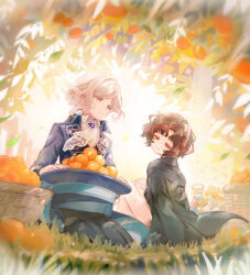  >_< 4girls absurdres ascot basket black_coat black_hair black_hat black_pants boater_hat coat coat_on_shoulders commentary_request food fruit full_body grass grey_eyes grey_hair hair_bun hat hat_basket highres life_neko72 looking_at_another multiple_girls on_ground orange_(fruit) orange_hair orange_tree pants red_eyes regulus_(reverse:1999) reverse:1999 schneider_(reverse:1999) shirt short_hair single_side_bun sitting smile sonetto_(reverse:1999) unworn_hat unworn_headwear vertin_(reverse:1999) white_ascot white_shirt 
