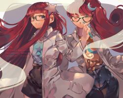  2girls :o animification black_skirt blue_eyes blue_shirt blunt_bangs cowboy_shot crescent crescent_hair_ornament crescent_print denim glasses green_eyes hair_ornament highres holding holding_test_tube jeans johnny_test lab_coat long_hair mary_test multiple_girls one_eye_closed pants ponytail print_shirt red_hair sakachiart shirt siblings sisters skirt star_(symbol) star_hair_ornament star_print susan_test test_tube twins yellow_shirt 