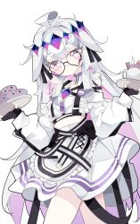  1girl absurdres ahoge alternate_costume apron black_gloves chest_harness chest_jewel cowboy_shot english_commentary fingerless_gloves frilled_apron frills gem gloves grey_hair hair_flaps harness highres holding holding_tray hololive hololive_english koseki_bijou long_hair long_sleeves looking_at_viewer omeberry pebble_(koseki_bijou) purple_gem round_eyewear simple_background skirt solo teardrop-framed_glasses tray violet_eyes virtual_youtuber waist_apron white_background white_skirt 