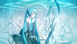 1girl 25-ji_miku aqua_eyes aqua_hair aqua_nails aqua_necktie aqua_theme aqua_trim bent_over black_skirt black_sleeves black_thighhighs bloom_festival_(project_sekai) breasts closed_mouth collared_shirt colorful_palette detached_sleeves dot_nose double-parted_bangs fingernails game_asset hair_between_eyes hatsune_miku headset highres leo/need_miku long_hair long_sleeves miniskirt more_more_jump!_miku nail_polish necktie number_tattoo official_art phenny_(project_sekai) piano_print pleated_skirt project_sekai shirt shoulder_tattoo sitting skirt sleeveless sleeveless_shirt small_breasts smile solo split_mouth tattoo thigh-highs third-party_source triangle twintails very_long_hair vivid_bad_squad_miku vocaloid white_shirt wide_sleeves wonderlands_x_showtime_miku zettai_ryouiki 