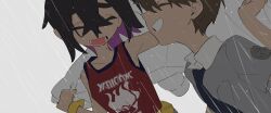  2boys absurdres bag bin_aham black_hair brown_hair closed_eyes commentary fanny_pack florian_(pokemon) grey_shirt hair_between_eyes happy highres jacket kieran_(pokemon) lower_teeth_only male_focus multiple_boys necktie open_mouth pokemon pokemon_scarlet_and_violet print_shirt rain red_shirt shirt short_sleeves sleeveless sleeveless_shirt teeth untranslatable_commentary wet white_background white_jacket yellow_bag 