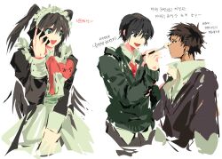  2boys :d applying_another's_makeup applying_makeup apron black_dress black_hair brown_hair brown_sweater commentary_request contact_lens crossdressing crossdressing_(mtf) dark-skinned_male dark_skin dress ear_piercing eye_contact eyeshadow from_side green_eyes grey_eyes heart heterochromia high_collar highres kikuchi_ryou korean_text long_hair looking_at_another looking_to_the_side maid maid_apron maid_headdress makeup makeup_brush male_maid mina_(mamiya) mole mole_under_eye multiple_boys multiple_views nameplate necktie open_collar orange_eyes piercing purple_sweater red_eyeshadow red_necktie school_uniform sekai_metsubou_kyouyuu_gensou_mamiya short_eyebrows short_hair short_twintails sketch smile spiky_hair sunatoyo sweater talking_on_phone toujou_minato translation_request twintails upper_body v-neck very_long_hair very_short_hair white_apron white_background wig 
