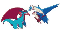  black_eyes claws closed_mouth commentary_request dragon fangs highres latias latios no_humans open_mouth pokemon pokemon_(creature) red_eyes salamence sana_(sanaa653) simple_background white_background wings yellow_eyes 