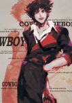  1boy artist_name cowboy_bebop english_text formal hands_in_pockets lips looking_at_viewer messy_hair necktie peachyxin shirt spike_spiegel spiky_hair standing 