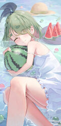  1girl absurdres black_bow blush bow commentary_request dress food fruit green_hair hat highres holding holding_food holding_fruit multicolored_hair nakatsugawa_mei nene_(neneeeeeillust) one_eye_closed partially_submerged pink_hair solo solo_focus straw_hat sun_hat thick_eyebrows thighs two-tone_hair water watermelon watermelon_slice white_dress yellow_background yurucamp 