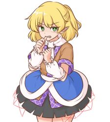  1girl arm_warmers biting biting_own_finger biting_own_thumb black_skirt blonde_hair braid brown_shirt commentary_request cowboy_shot green_eyes half_up_braid high_ponytail looking_at_viewer medium_hair mizuhashi_parsee mizusoba pointy_ears ponytail scarf shaded_face shirt short_sleeves simple_background skirt solo touhou white_background white_scarf 